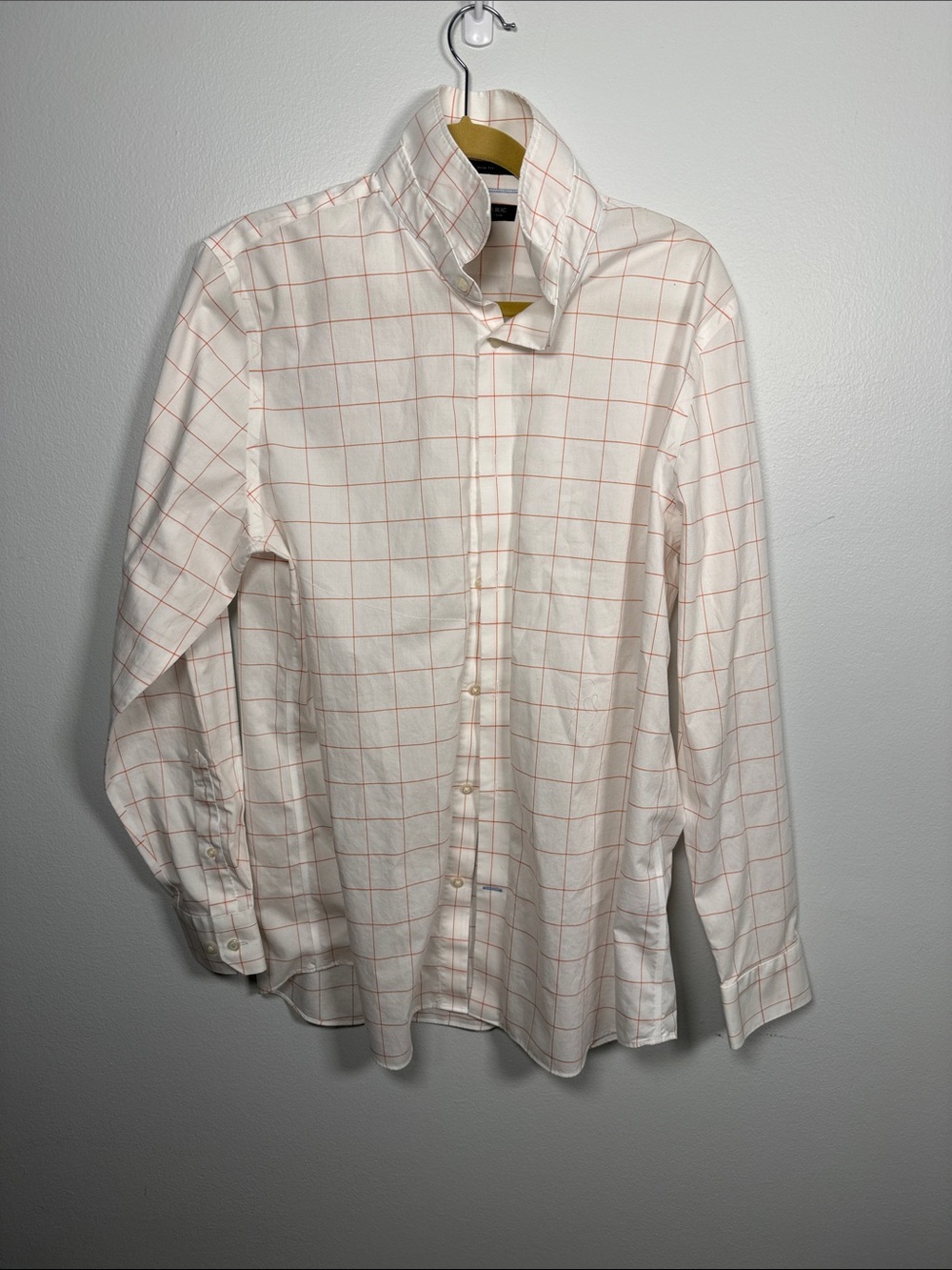 Banana Republic White Shirt with Light Orange Windowpane Check - Slim Fit Large